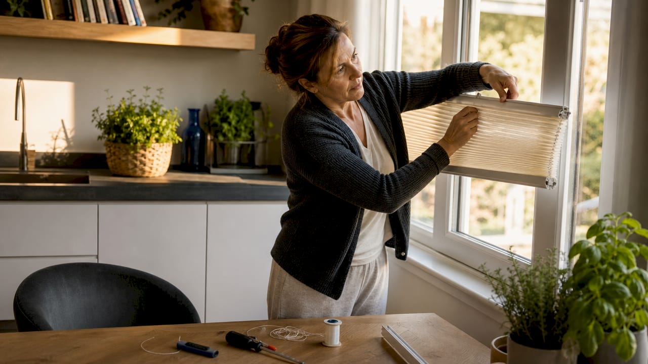 Eine Frau nimmt das Plissee vom Fenster, um es zu reparieren.