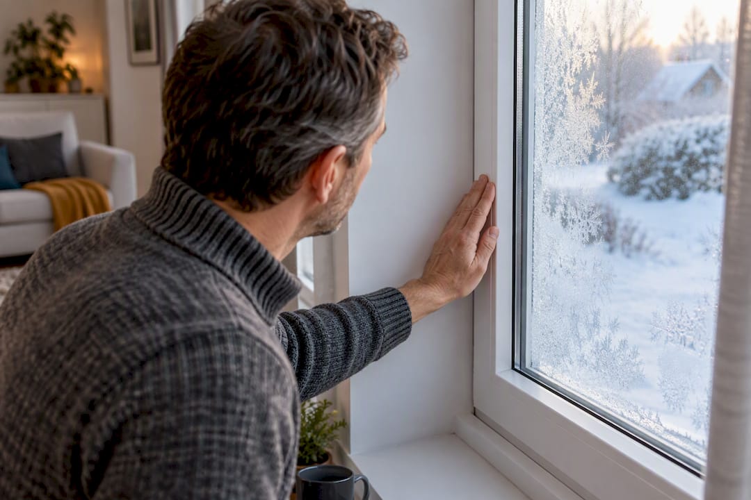 Hand berührt im Winter den kalten Fensterrahmen