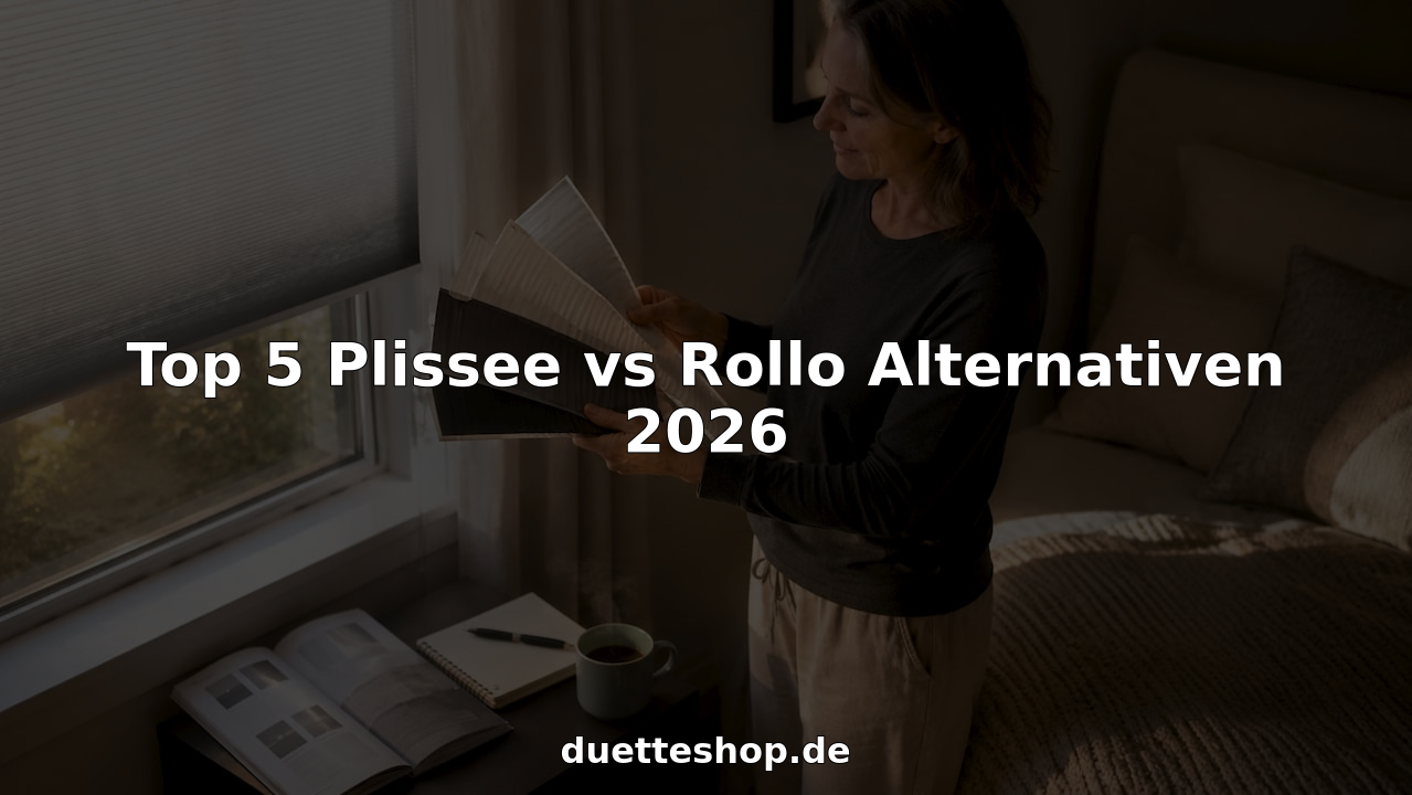 Eine Frau begutachtet am Fenster verschiedene Stoffmuster für Plissees und Rollos.