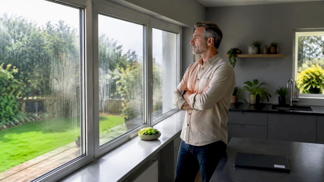 Ein Hauseigentümer begutachtet ein beschlagenes Fenster, um der Ursache auf den Grund zu gehen.