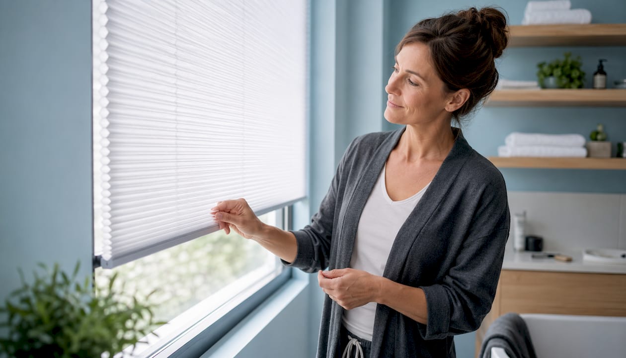 Eine Frau überprüft den Sichtschutz am Badezimmerfenster.
