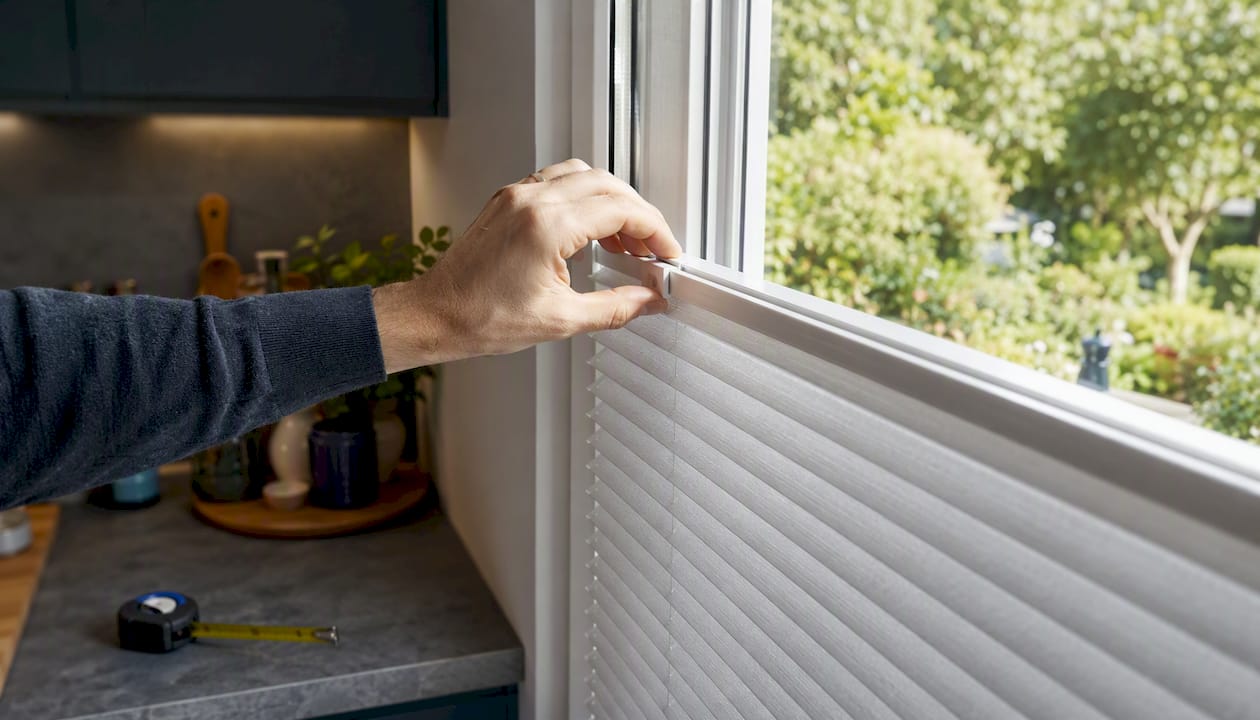Das schnurlose Plissee lässt sich ganz einfach per Hand einstellen und wird ohne Bohren direkt am Fenster befestigt.
