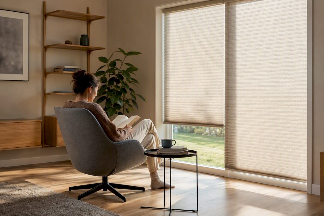 Fenster im Homeoffice mit Plissee-Stoffjalousie