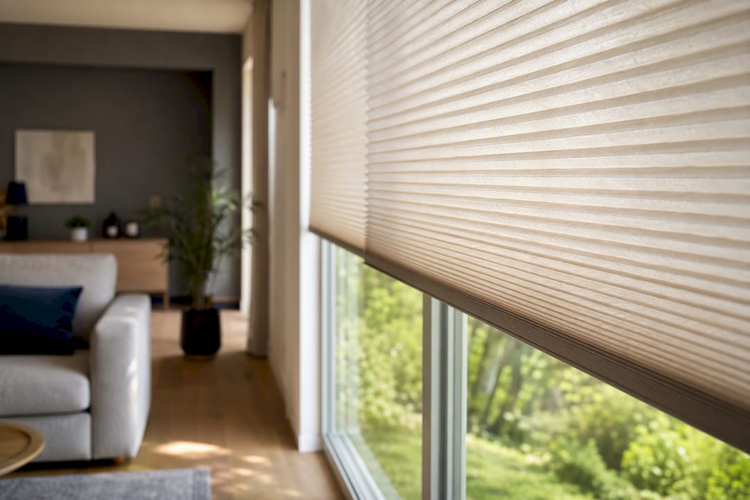 Nahaufnahme eines Plisseestoffs am Fenster