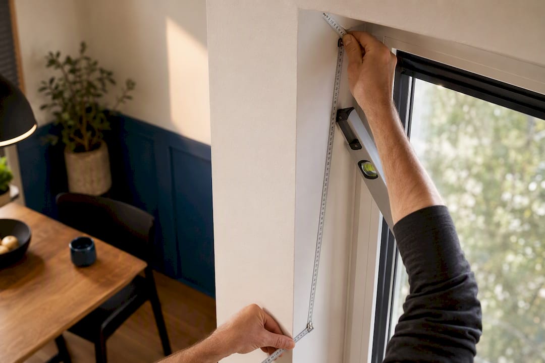 Hände vermessen eine Fensterlaibung mit einer Wasserwaage