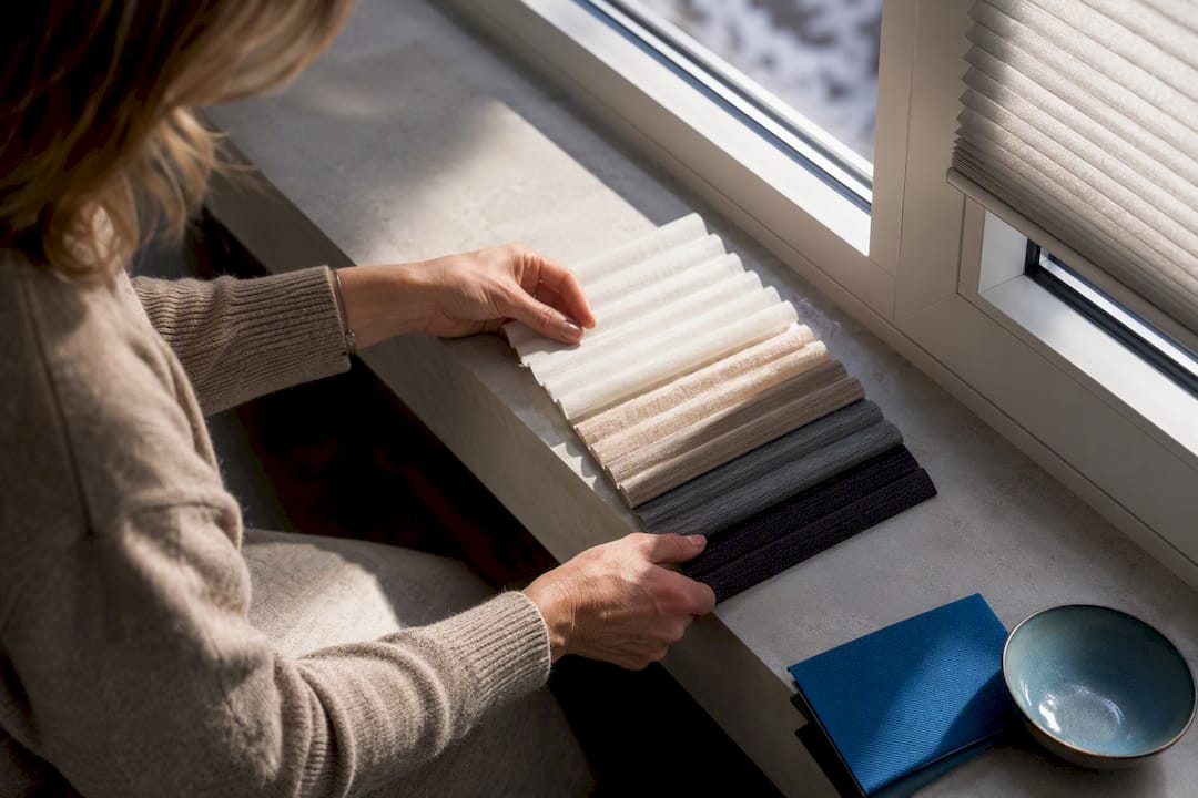 Hände halten Plissee-Farbmuster ans Fenster, um sie zu vergleichen