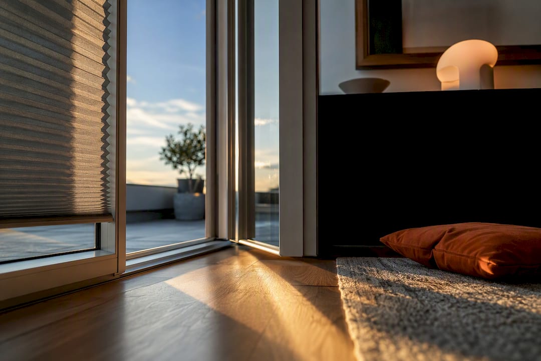 Terrassentür mit weichem Sonnenlichtfilter