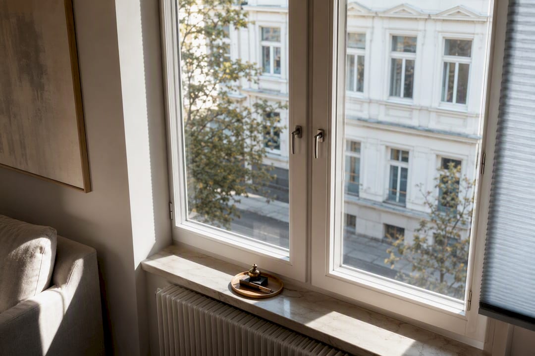 Doppelflügelfenster mit Mittelsteg und Plisseekanten