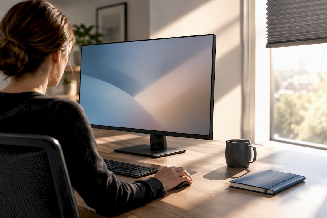 PC-Arbeitsplatz mit reduziertem Blendschutz von außen