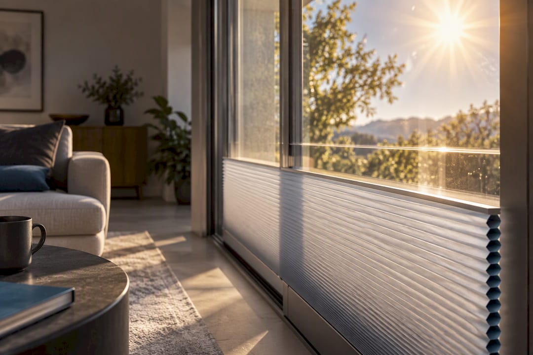 Innenfenster mit textiler Sonnenschutzbeschichtung