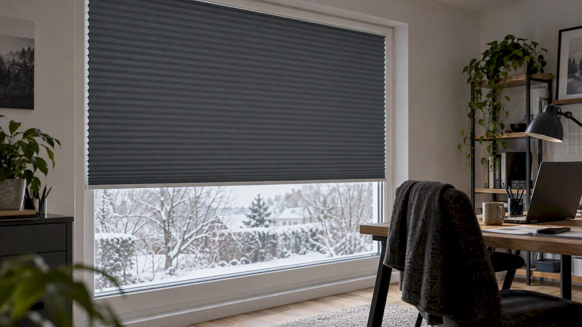 DUETTE Wabenplissee am winterlichen Fenster im Homeoffice