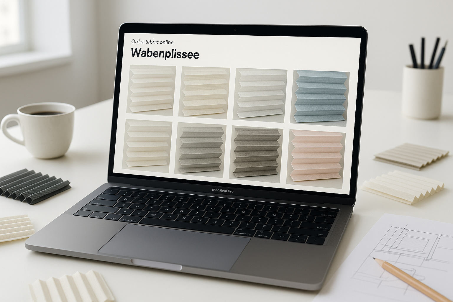Wabenplissee Stoffmuster online bestellen mit MAcBook